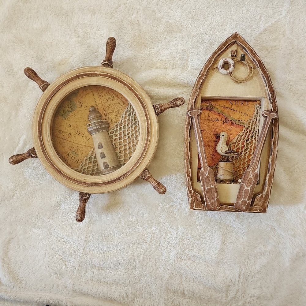 Vintage set of two ships wheel and boat nautical wall fisherman boat wall decor.